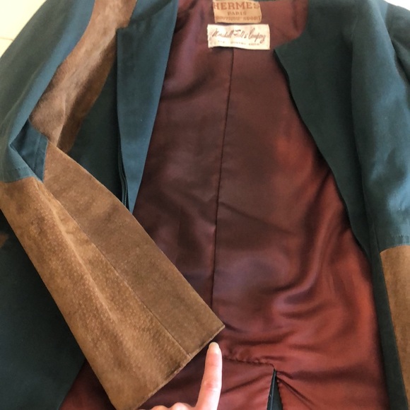 60s VTG HERMÈS Cotton Leather Green Brown Equestrian Riding Suit Chaps Jacket - Picture 14 of 15